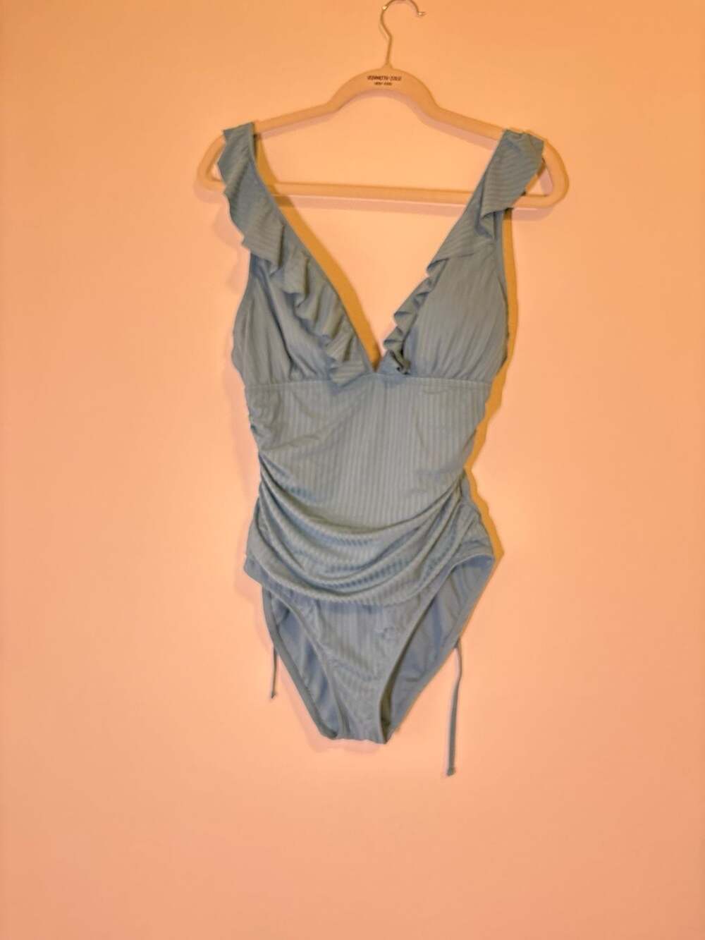 Ellen Tracy Ruffle V-Neck Ribbed One Piece Swimsuit Size 10 - Picture 2 of 7